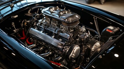 A high angle closeup shot of a black car's engine - perfect for background