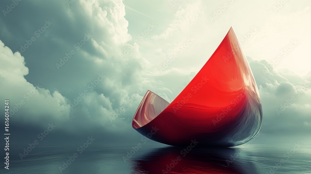 Poster red abstract sailboat floating on reflective water surface in surreal cloudy background scene