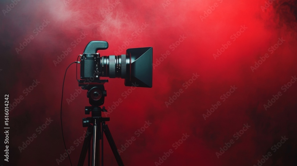 Poster photography setup with camera and tripod in studio with red fog and dramatic lighting scene