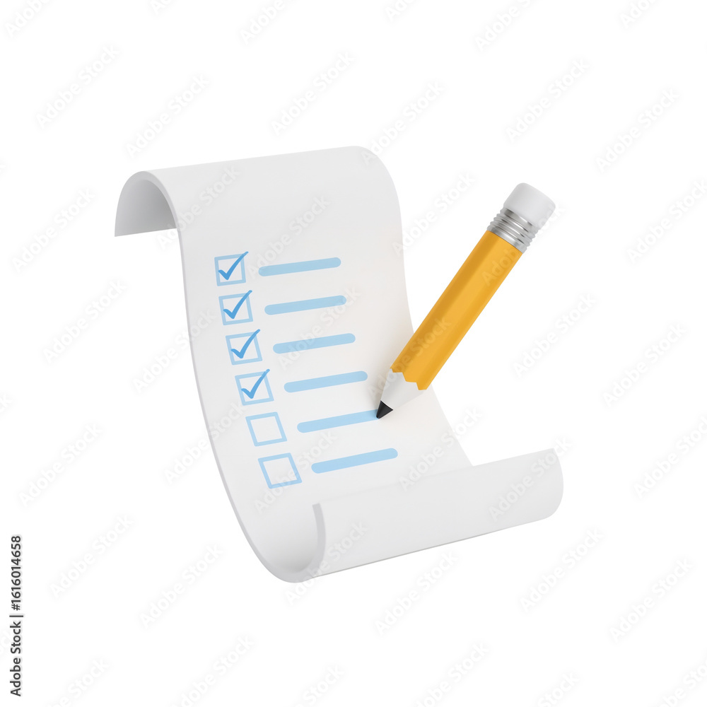 Poster task completion visualization with marked checklist and pencil on isolated transparent background