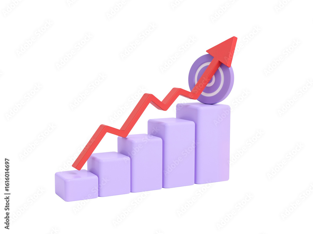 Poster stylized rendering showcases escalating bar graph culminating in success target on isolated setting