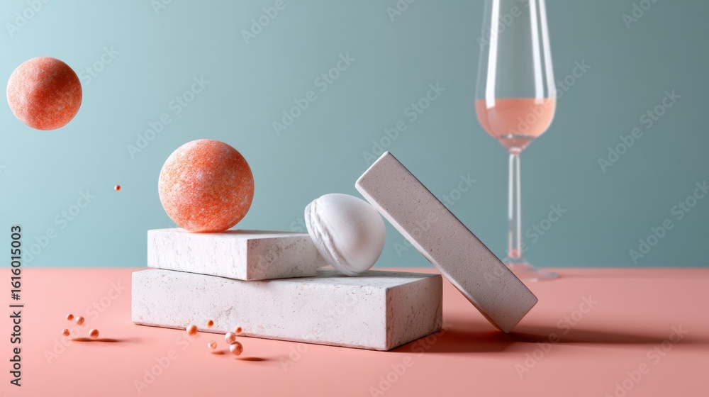 Aufkleber floating objects with pink drink and abstract blocks in surreal pastel product composition scene