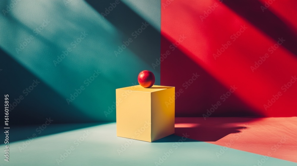 Aufkleber red cube on yellow pedestal with hard shadow in abstract geometric setup for minimalist design