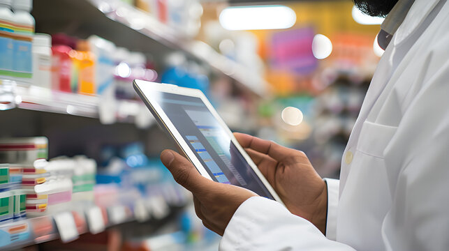 Pharmacist, pharmacy technician in lab coat using a digital tablet checlist within a pharmacy setting, for inventory management, patient information access. 