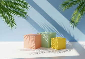Fototapeta premium Tropical product display podiums with palm leaf shadows pastel colors minimalist design for summer sale or promotion presentation backdrop scene