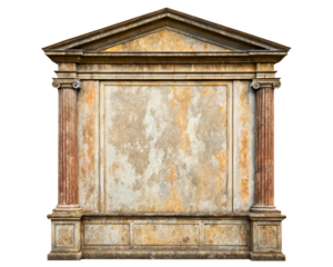 Classical stone wall panel with columns and triangular pediment on a transparent background