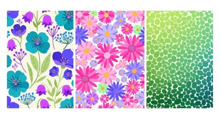 Collection of Three Floral Patterns Featuring Blue-Purple Blossoms, Vibrant Multicolor Flowers, and Green Gradient Leaf Motif — Nature-Inspired Vector Designs for Textile, Stationery, and Decorative