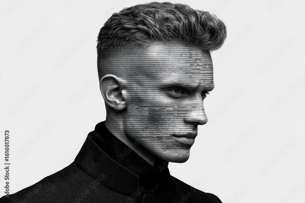 Poster male figure with unique facial lines composed of code elements showcasing the intersection of humani
