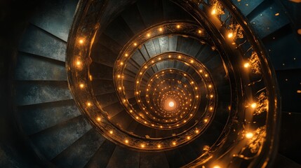 A high angle shot of a spiral ladder with lights - perfect for a cool background