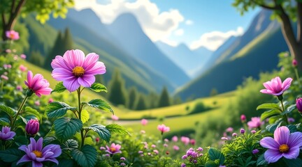 a captivating image of a beautiful flower in full bloom, surrounded by lush green flora and set against the backdrop of a serene nature landscape