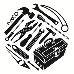 Collection of hand tools and toolbox silhouette isolated on white background