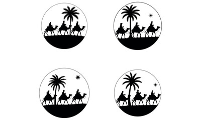 Fototapeta premium Camel caravan silhouettes with palm trees and star in desert scene inside circular frame 