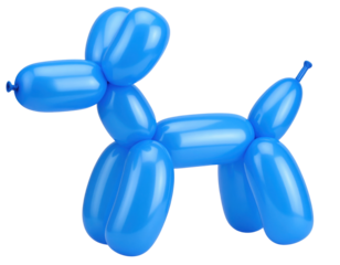 A shiny blue balloon twisted into the shape of a dog with four legs, a tail, ears, and a snout.