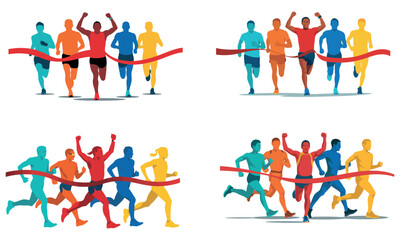 Group of runners crossing finish line in colorful race competition victory concept
