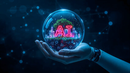 Futuristic Robotic Hand Holding Transparent Globe with AI Symbol