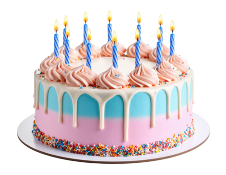 A colorful birthday cake with pink and blue layers, white icing drips, topped with pink swirls, multicolored sprinkles, and lit blue-striped candles.