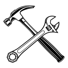 Hammer and adjustable wrench crossed silhouette isolated on white background