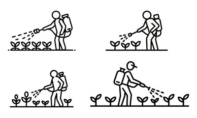Obraz premium Farmer spraying plants in field with agricultural equipment in line art style 