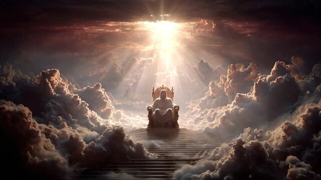 Jesus sitting on a heavenly throne with a brilliant light behind him