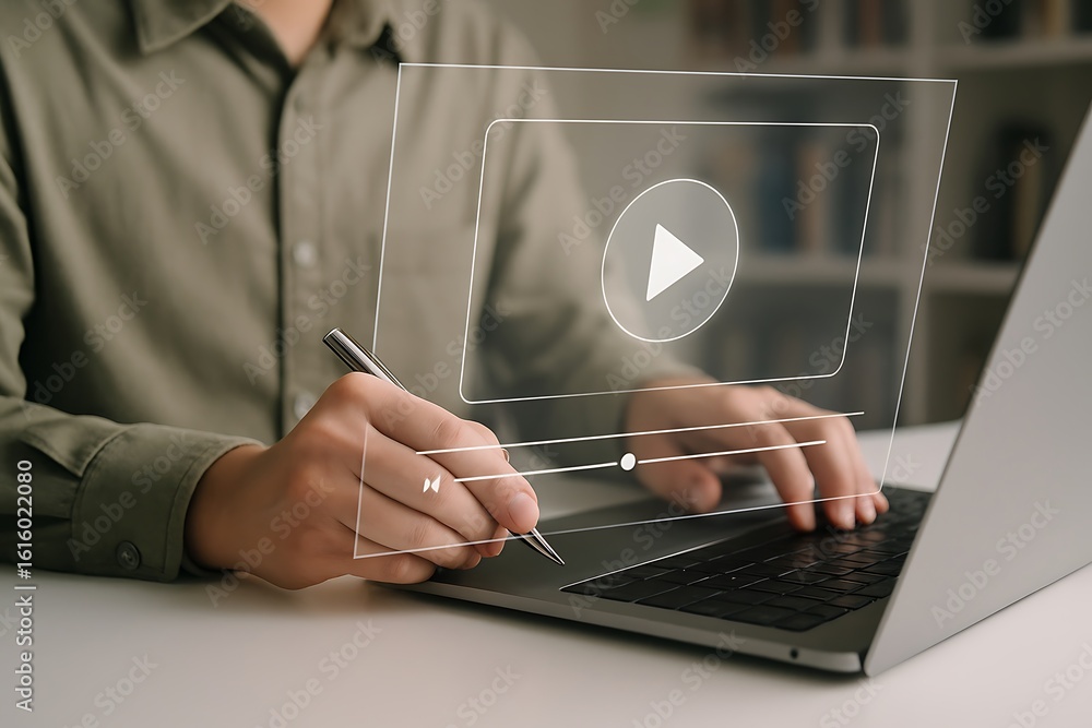 Poster a man uses a laptop with a transparent video player interface for online content streaming
