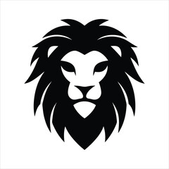 Stylized black lion head silhouette with majestic mane isolated on white background