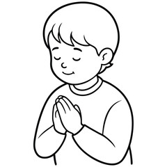 Cartoon illustration of a young boy praying with hands clasped in a gesture of devotion.