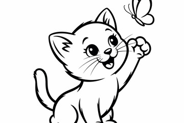 Obraz premium Cute cartoon kitten playing with a butterfly line drawing for coloring
