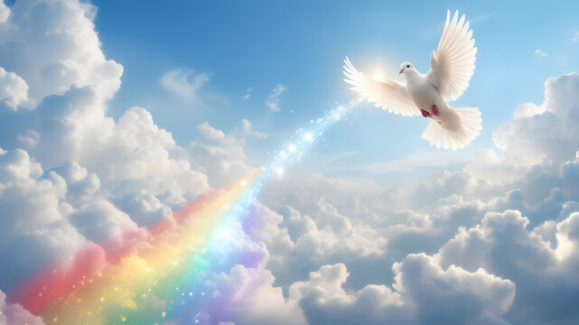 A beautiful white dove soaring through the sky with a sparkling rainbow and clouds