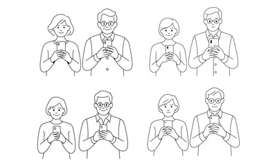Elderly people using smartphones with serious expressions in line art style black outline
