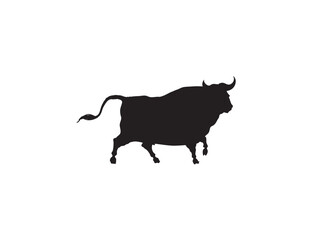 Silhouette of a powerful bull, walking majestically, strong horns, solid black.