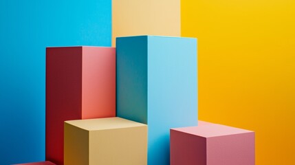 Fototapeta premium Colorful blocks arranged geometrically on yellow background for abstract branding creative design product scene