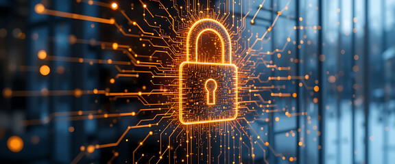 Abstract pop up cyber protection 3d digital lock which created by millions of tiny glowing particles connected by glowing lines, golden gradient blending colors, glowing blue and green lines around th