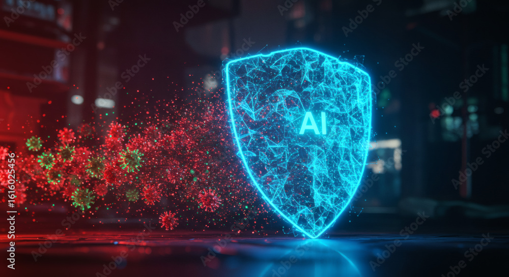 Poster futuristic cybersecurity concept with a glowing ai shield defending against digital virus attacks.