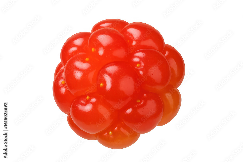 Poster glossy red raspberry-like candy, round and shiny, positioned against transparent backdrop for flexib