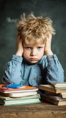 Frustrated young student with messy hair sits overwhelmed by stack of colorful books, expressing exhaustion and study stress in classroom setting