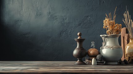 Rustic ceramic jars and wooden accessories on vintage table for kitchen decor product branding lifestyle scene