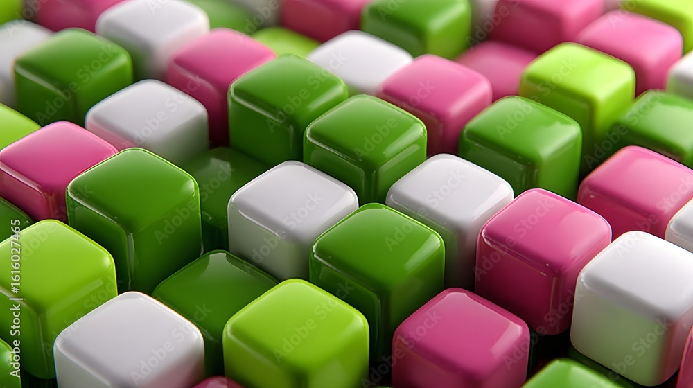 Poster colorful glossy cubes in a repeating pattern.