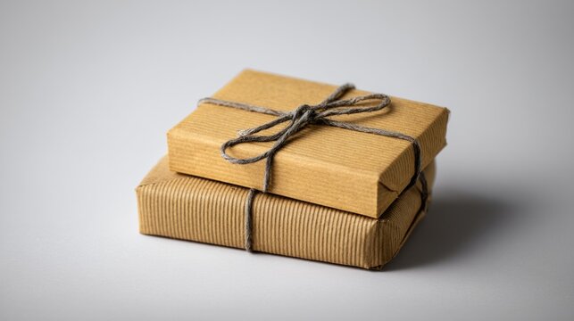 Wrapped cardboard gift box with string on neutral background for present packaging branding minimal product delivery scene