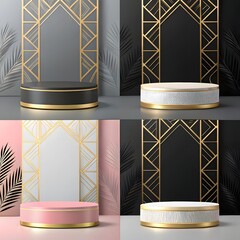 “Elegant geometric podiums with black, white, pink, and gold tones.”

