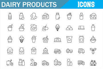 Dairy Food Icons for Milk, Cheese, Ice Cream, and Other Products