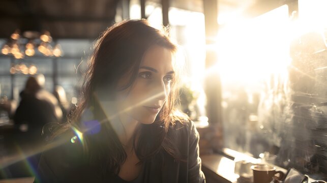 Young woman smiling and sitting in a cozy cafe enjoying coffee - Powered by Adobe