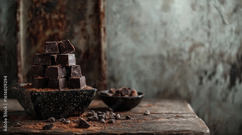 Poster stack of artisanal dark chocolate on rustic table with cocoa beans for dessert product branding gour