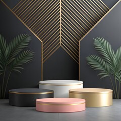 “Elegant geometric podiums with black, white, pink, and gold tones.”

