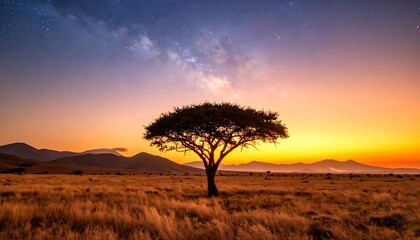 Obraz premium Solitary Acacia Tree Silhouetted Against a Starry Night Sky in the African Savannah