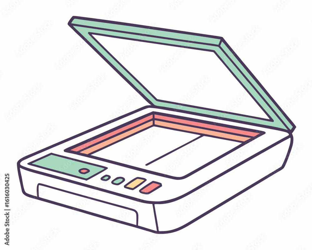 Poster simple illustration of an open scanner device ready for scanning documents or images.