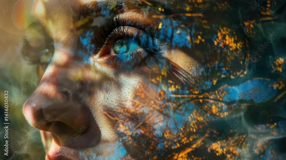 Poster close-up portrait of a person surrounded by trees, perfect for representing solitude or connection w