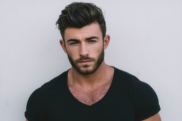 Fototapeta premium Confident bearded man in a fitted black t-shirt in front of a minimalist background exuding strength individuality and modern masculinity in a striking portrait style