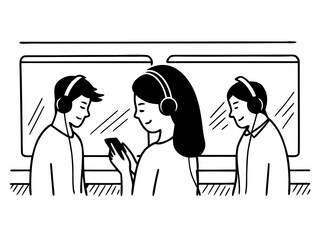 Commuting with Tunes: Three figures, each engrossed in their personal audio devices while riding transit, illustrate the blend of modern technology and daily routines.