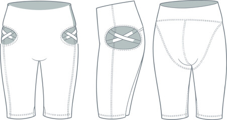 Women&rsquo;s cropped leggings technical flat sketch, fashion CAD illustration with side cut-out details, vector apparel template, activewear design drawing