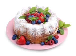 Tasty Bundt cake with powdered sugar and berries isolated on white